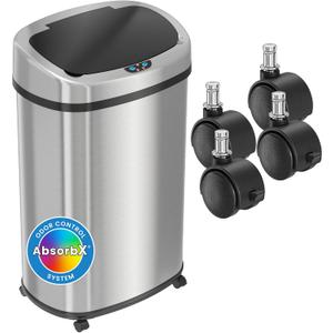 iTouchless SensorCan 50 Liter / 13 Gallon Kitchen Trash Can with Wheels & Odor Filter  Mobile Motion Sensor Stainless Steel Garbage Bin for Home, Office, Garage, Slim Oval Shape Large Capacity Design (Light Silver, Solid Black 13 Gal / Battery-AC Optional)