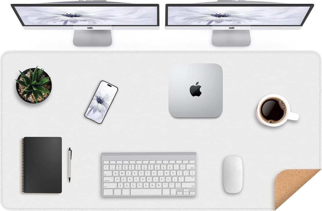 Leather Desk Protector, 47in*23.7in Large Mat with Natural Cork & PU Leather, Mouse Pad, Non-Slip Office Mat, Waterproof Writing Pad for Office and Home (Ivory White), 47in*23in