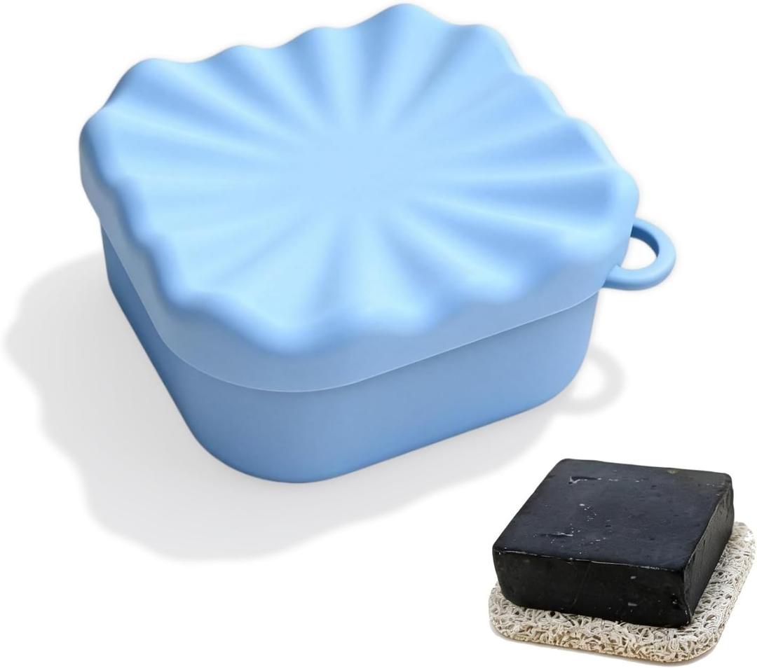 Leakproof Travel Soap Case, Elimeta Square Silicone Soap Container with Lid Shatterproof Shower Holder Bar for Bathroom Camping Outdoor (Blue)