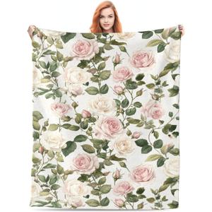Pink Cream Roses Throw Blanket Spring Summer Lightweight Flannel Bedding Blanket,Washable Fleece Throw Botanical Floral Blanket Cozy Blankets for Bed, Couch, Sofa, Camping,80''x 60''