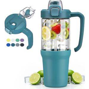 32oz Glass Water Bottle, 2-in-1 Straw and Sip Spout Lid, Leakproof Wide Mouth Tumbler with Handle, BPA-Free Reusable Bottle for Sports, Office, Outdoor, Peacock Blue