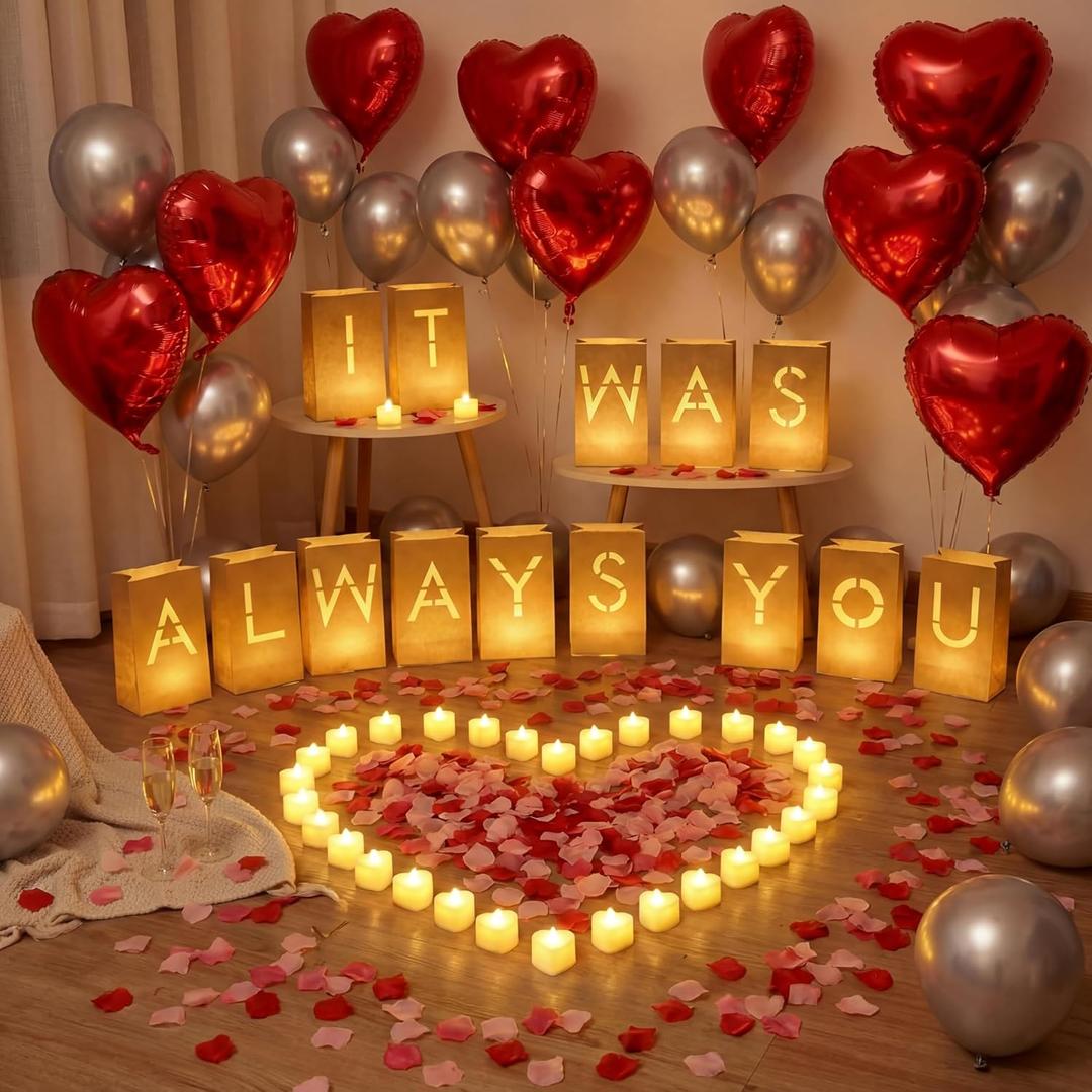 81pcs It Was Always You Light up Letters with 30 LED Candles Tea Light, 2000 Rose Petals & 35 Pearlescent Foil Balloons - Luminary Paper Bags for Anniversary Valentine's Day Decor