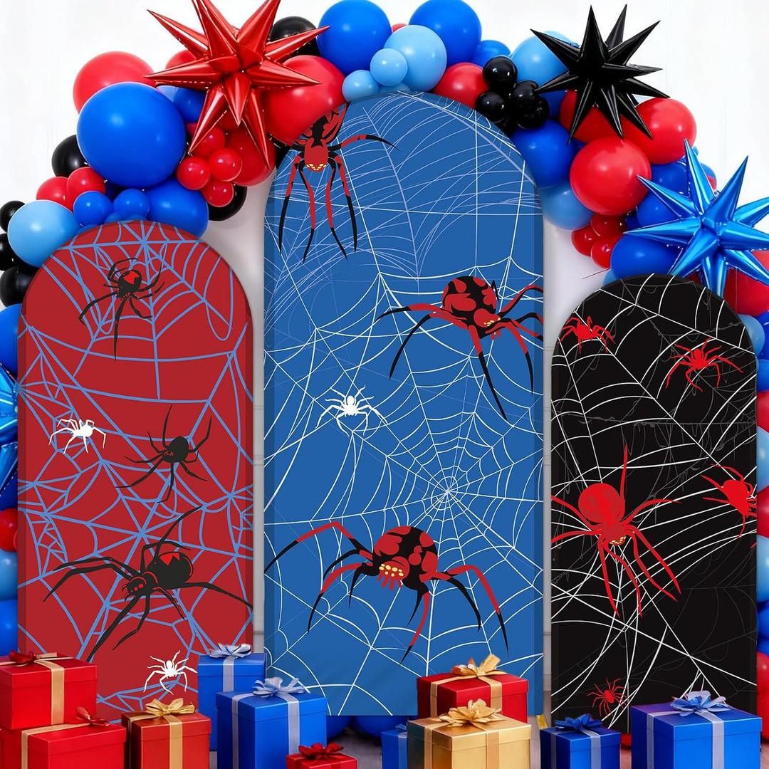 3Pcs Spider Web Arch Backdrop Cover 4ft 5ft 6ft Spider Theme Spandex Fitted Round Top Arch Backdrop Stand Covers for Photo Props Cosplay Classroom Birthday Banquet Ceremony Halloween Party Decoration