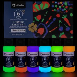 Artecho Glow in the Dark Paint 6 Colors, 60 ml / 2 oz Acrylic Paint for Decoration, Art Painting, Outdoor and Indoor Art Craft, Supplies for Canvas, Rock, Wood, Waterproof Rich Pigments