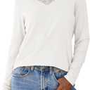 Dokotoo T Shirts for Women Casual Long Sleeve V Neck Lace Trim Tops Lightweight Solid Color Basic Tees Blouses (White, XXL)