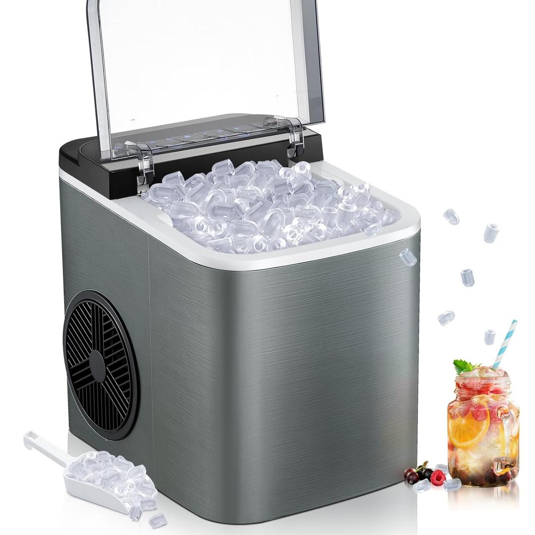 JINJUNYE Upgraded Ice Maker Countertop 28Lbs/Day, 15H Timer, 9 Ice Cubes in 6 Mins, Self-Cleaning Portable Ice Makers 2 Size Bullet Cube, Ice Machine Maker with Scoop, for Home, Kitchen, Camping