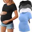 Huukeay 4 Pack Women's Maternity Shirts, Crew Neck Maternity Top Short Sleeve Casual Cotton Tee Side Ruched Pregnancy Clothes (Medium, Black, White, Dark Gray, Light Blue)