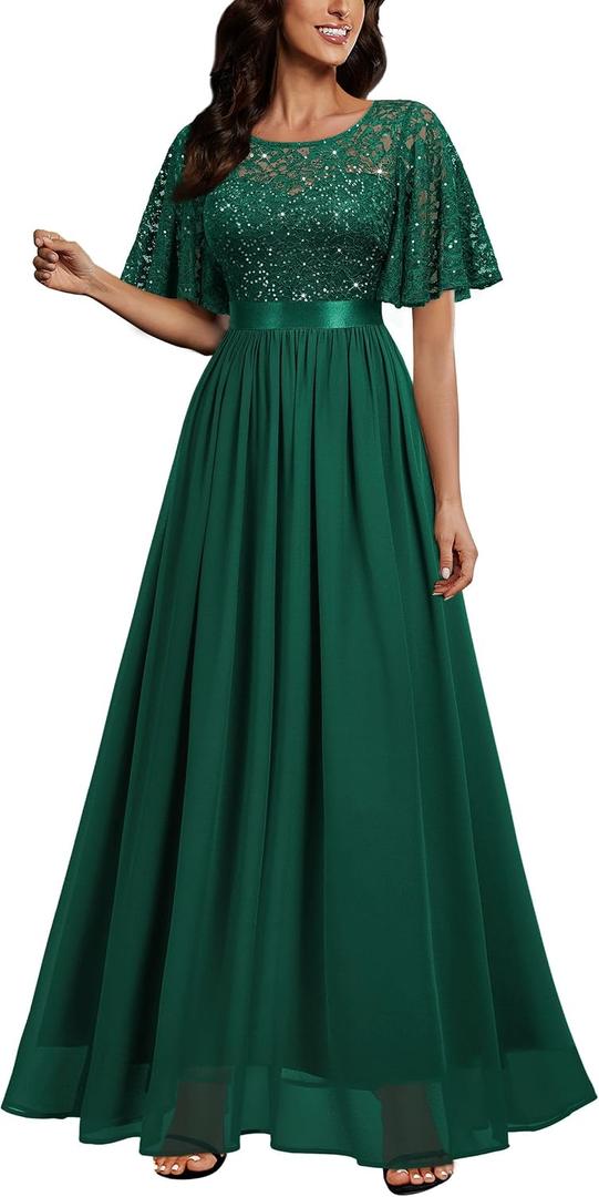 Miusol Women's Elegant Sequin Lace Butterfly Sleeve Formal Evening Maxi Dress, L