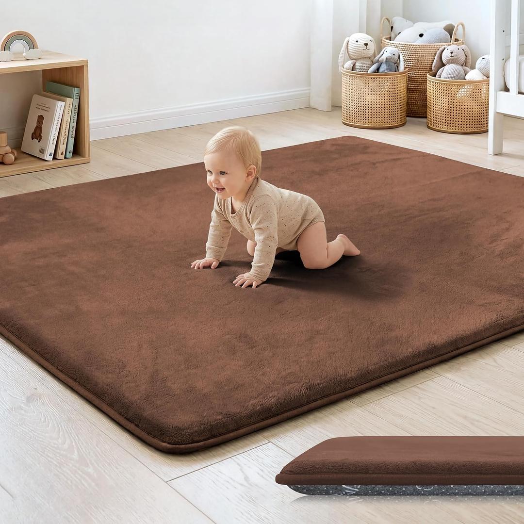 PaPaMat Thick Baby Play Mat for Floor,Large 79x79 Cushioned Foam Rug,Brown | Water-Repellent Soft Coral Velvet for Toddler Infant Kids, Non-Slip Backing, Easy Spot Cleaning, Nursery Playroom Classroom