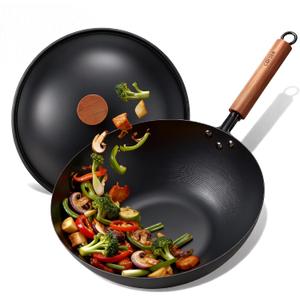 CAROTE 12" Carbon Steel Wok Pan, 4.5QT Woks & Stir-fry Pans Nonstick, No Chemical Coated Pre-Seasoned Flat Bottom Wok with Lid for Stir Fry, Chinese Cast Iron Wok, Cooking Pan, All Stovetop Compatible