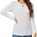 Long Sleeve Shirts for Women 2024 Fall Dressy Casual Blouses Pleated Scooped Neck Tunic Tops (White, XL)