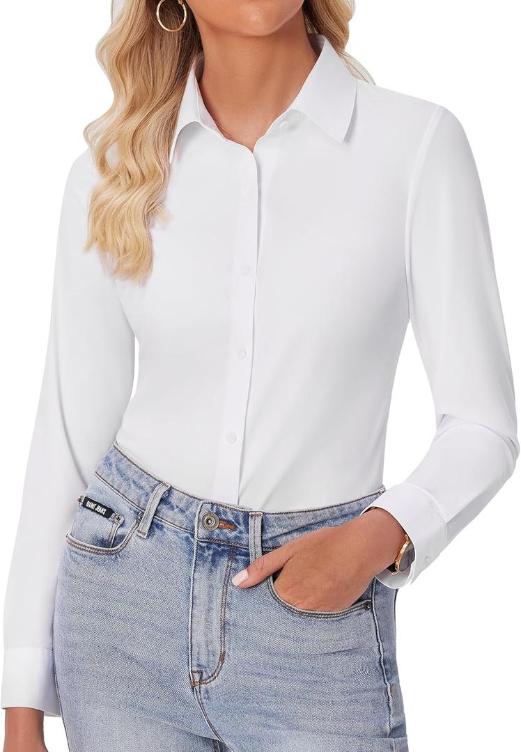 siliteelon Button Down Shirts for Women Slim fit Long Sleeve Stretch Dress Shirts Work Shirt Wrinkle Free Office Blouses (Large, White)