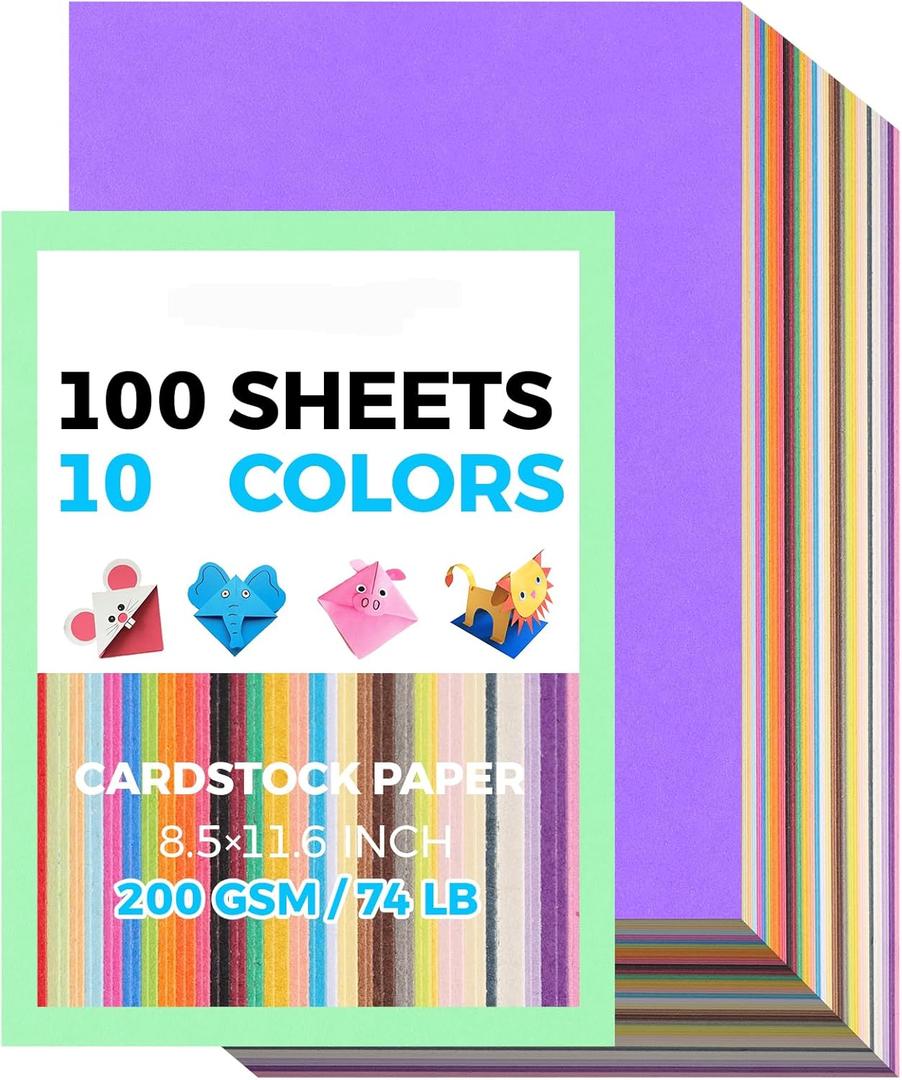 100 Sheets 8.5" X 11.6" Colored Cardstock, 200 GSM Card Stock 10 Assorted Colors Construction Paper Printer Paper for Printing, Kids School Supplies, Party Decorations, Card Making, DIY Crafts