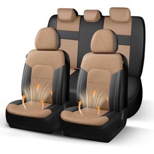 HChengkikz Car Seat Covers, Air Mesh and Faux Leather Seat Covers, Car Seat Covers Full Set Airbag Compatible, All Season Comfort Protection for Most Cars,Sedan,Truck,SUV((Full Set,Black Beige 812)