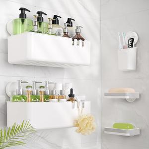 LUXEAR Shower Caddy 5 Pack Suction Cup Shower Organizer for Bathroom Storage Home & Kitchen, No Drilling Removable Plastic Shelf Organizer with Soap Dish& Toothbrush Holder Easy Install