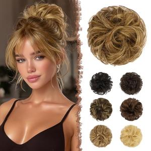 FESHFEN Human Messy Buns - 100% Human Hair Bun Real Scrunchies Hair Pieces Ponytail Extensions Wavy Tousled Updo Chignon Hairpieces for Women, Light Brown Mixed Blonde