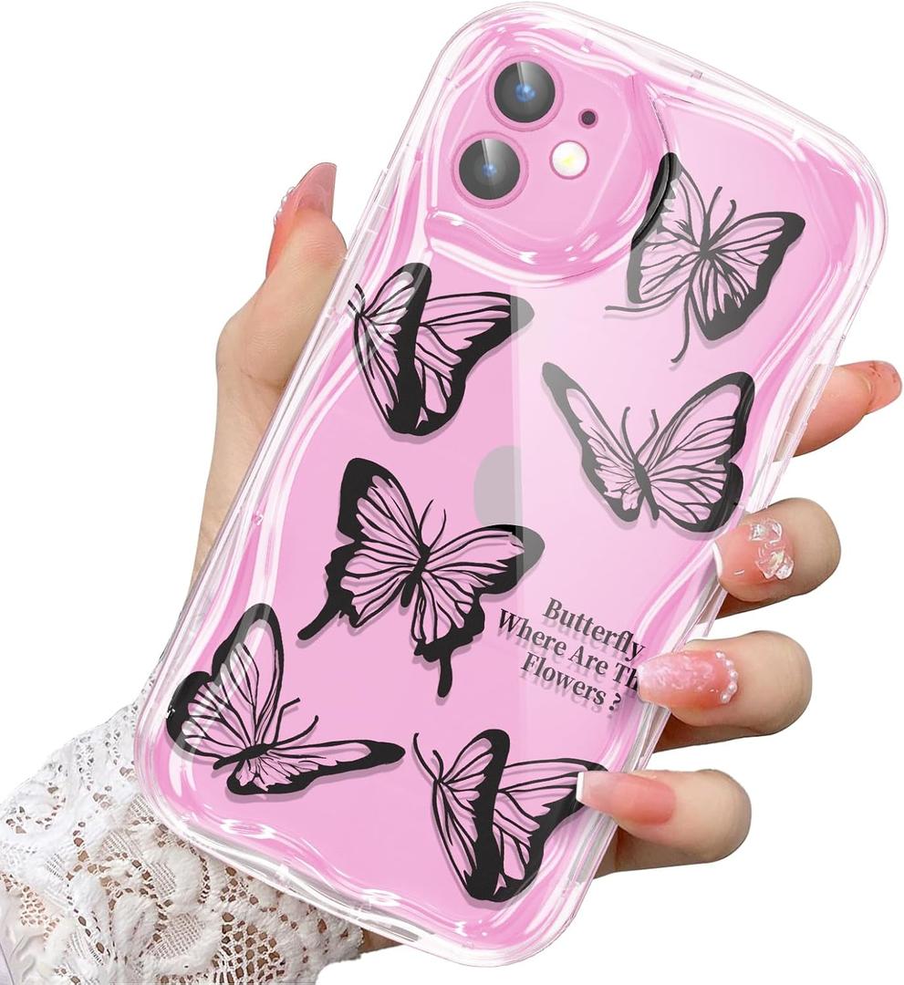 2 x Compatible for iPhone 11 Case, Pretty Butterfly Print Three-Dimensional Wave Clear Case for Girls Women, Soft Full Package Anti-Fall Cover for iPhone 11, Black Butterfly