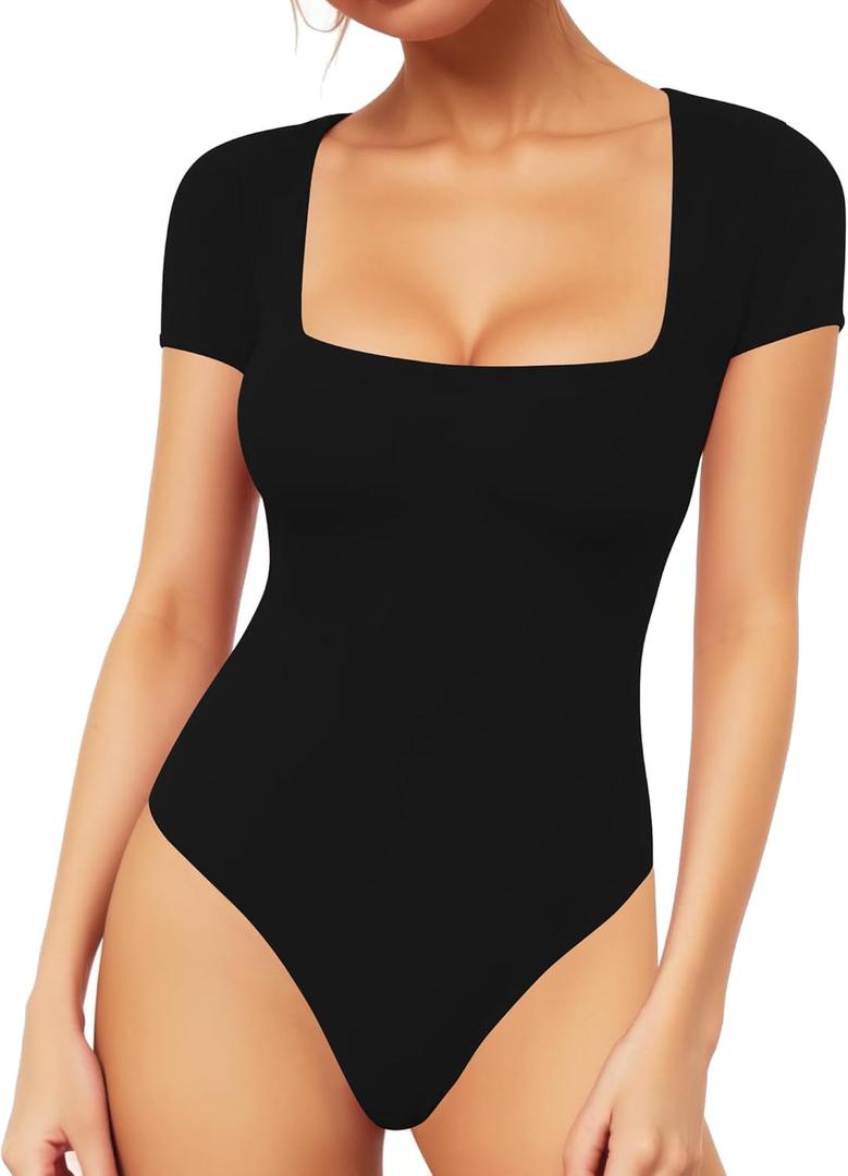 MANGOPOP Women's Square Neck Short Sleeve Long Sleeve Bodysuit Sexy Body Suits Shirt Slim Fitted Tops (Medium)