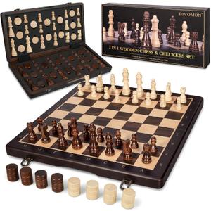2 in 1 Wooden Magnetic Chess Set & Checkers Board Game-15'' Foldable Chess Board for Adults & Kids-Portable Travel Chess Set with Pieces Storage Slots-2 Extra Queens-Beginner Chess Board Game