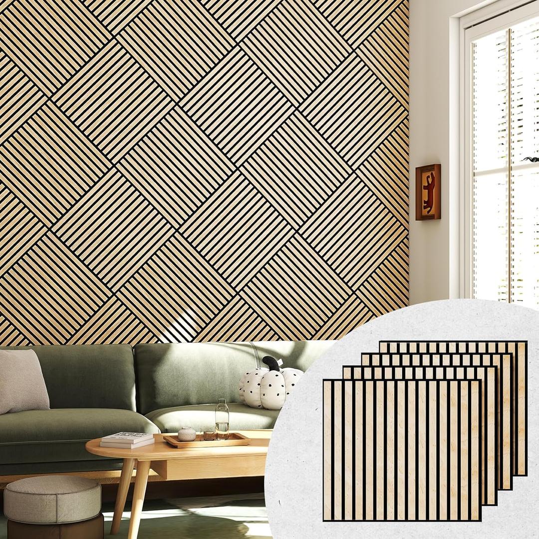 Upick Acoustic Wood Wall Panels - 4 Pack 24"x24" Sound-Absorbing Slat Wood Panels, MDF Panels for Home, Studio, Office (Oak)