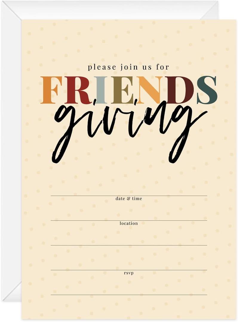 Canopy Street Friendsgiving Polka Dot Invitations / 25 Fill In Fall Thanksgiving Friends Potluck Invites With White Envelopes / 5" x 7" Modern Autumn Party Or Event Invitations/Made In The USA
