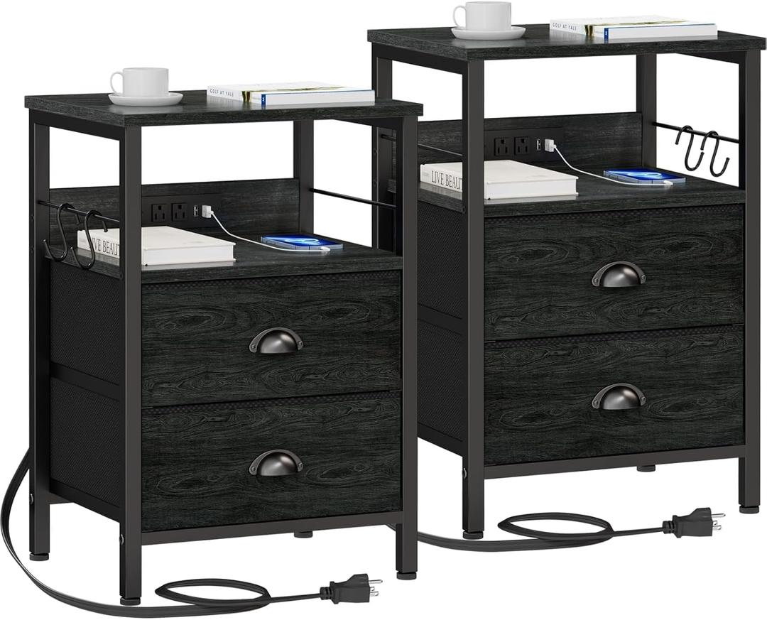 Furologee Nightstand Set of 2, Black Oak, with Charging Station and USB Ports, Side Tables with 2 Fabric Drawers, Bedside Tables with Storage Shelf & Hooks, for Living Room/Bedroom (2 pc, Black Oak+black Oak)