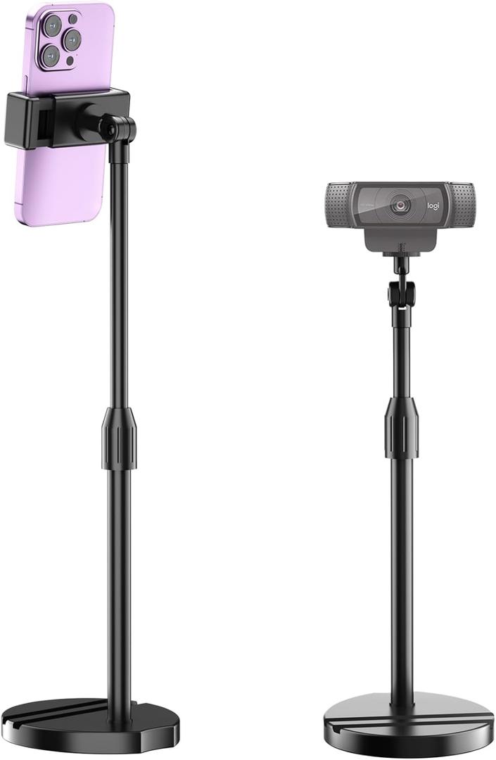 Telescopic Webcam Tripod Stand for Desk with Phone Holder, Desktop Webcam Mount Compatible with C922 C930e C920S C920 C615 C960 C920x Brio 4K, Table Phone Stand with 1/4'' Thread (Black)