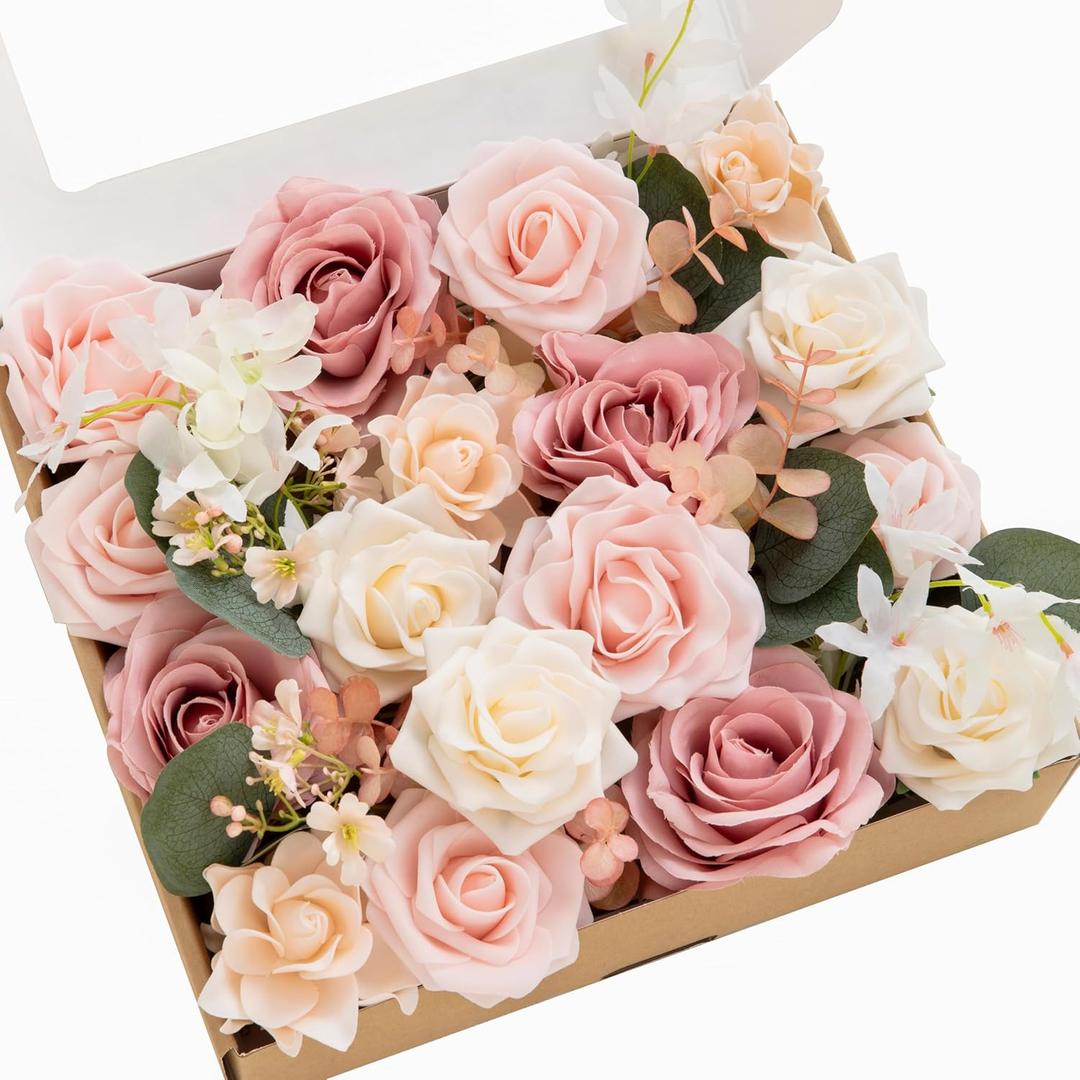 Ling's moment Fake Flowers Box, Faux Artificial Greenery Stems Foam Roses Gardenia Silk Eucalyptus Fabic Flower for Centerpieces Bouquet Wedding Vase Decorations, Dusty Rose & Pink, Grand Combo