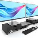 Dual Monitor Riser with Two Drawers for Desk, Bamboo Monitor Stand Riser with Storage, Desk Shelf for Computer, IMac & Laptop, No Assembly Required, Black