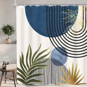 KOMLLEX Mid Century Blue Green Boho Shower Curtain 72Wx72L Inches Abstract Modern Shower Curtains for Bathroom Decor Plant Botanical Minimalist Arch Sun Fabric Liner Waterproof Polyester 12 Pack Hooks