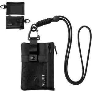 VULKIT Small Minimalist Wallet for Women and Men RFID Blocking, Zipper Coin Pouch with ID Window and Keychain, Water Resistant Travel Lanyard Wallet Black