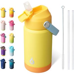 BJPKPK Insulated Water Bottle with Straw Lid, 12oz Thermo Water Bottles with Soft Nozzle, Flex Handle & Non-slip Boot, BPA Free Leak Proof Stainless Steel Metal Thermo, Tumblers, Cups,Yellow