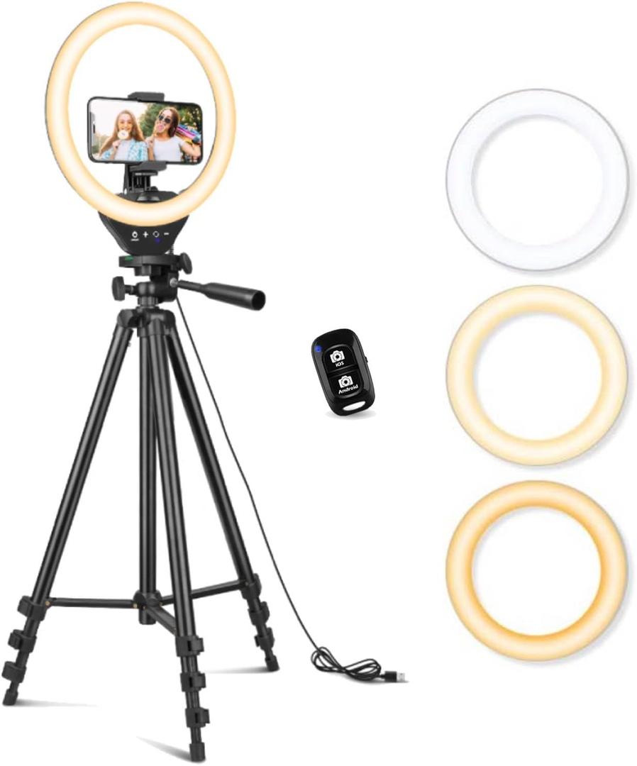 Sensyne 10'' Ring Light with 50'' Extendable Tripod Stand, LED Circle Lights with Phone Holder for Live Stream/Makeup/YouTube Video/TikTok, Compatible with All Phones (Nature)