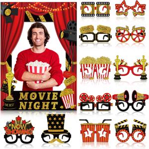 25 Pcs Movie Night Photo Booth Prop Kit Movie Night Party Decoration Theater Paper Glasses Theater Ticket Popcorn Photo Frame and Props for Showtime Backdrop Birthday Party Supplies