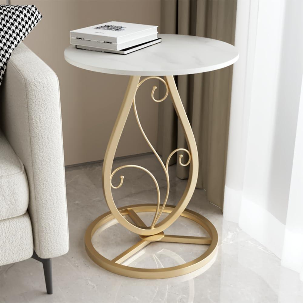 Boho Round Side Table Living Room, Natural Marble Desktop end Tables with Boho Minimalist Metal Floral Base, Modern Decor Bedside nightstand Coffee Table for Living Room Bedroom Sofa Balcony (One Size, White & Gold)