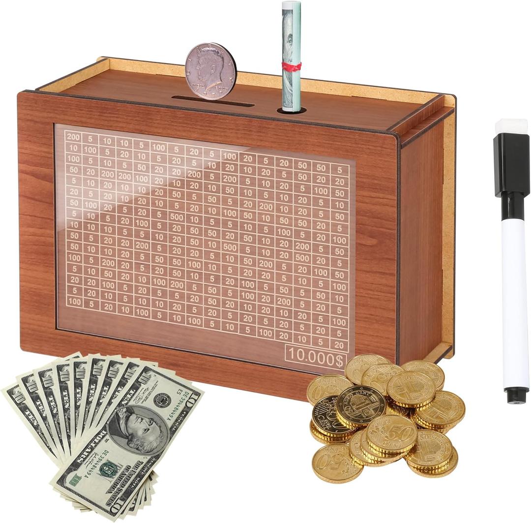 10,000 Savings Challenge BoxCash Vault Wooden Savings BoxCash Saver BoxCoin Counter Piggy BankWooden Piggy Bank Coin Bank with Counting Target,Wooden Coin Bank for Boys and Girls