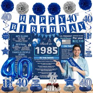 Crenics 40th Birthday Decorations for Men or Women - Back in 1985 Birthday Backdrop, 40th Birthday Banner, Swirls, Honeycomb, Sash, Cake Topper and Balloons for 40 Birthday Party Supplies