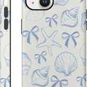 Aesthetic Cases for iPhone 14, Blue Bow Seashell Design, Hard Hybrid 2-Layer Protective Cover for Women Girls