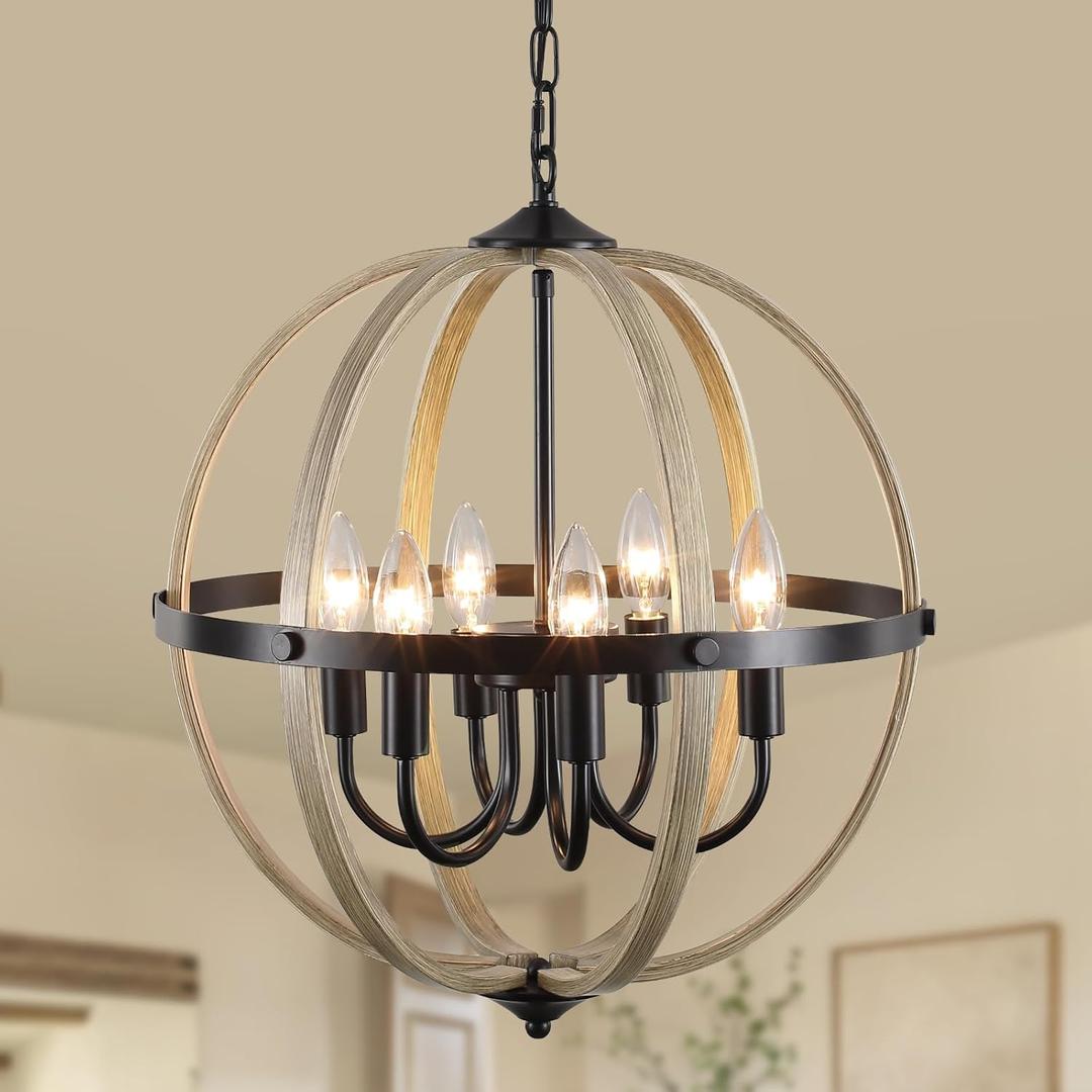 17.12'' Farmhouse Wood Chandelier 6 Light, Orb Chandelier Metal Rustic Globe Pendant Light, Faux Wood Texture Adjustable Hanging Ceiling Light Fixtures for Kitchen, Dining Room, Foyer Hallway