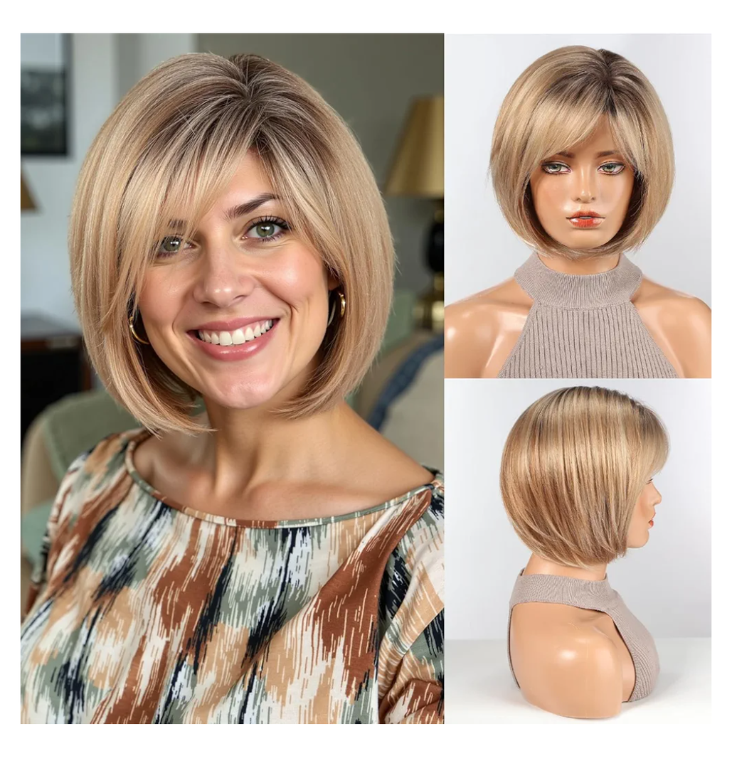 HAIRCUBE Bob Wigs for Women Synthetic Wig with Fringe Mixed Blonde Color