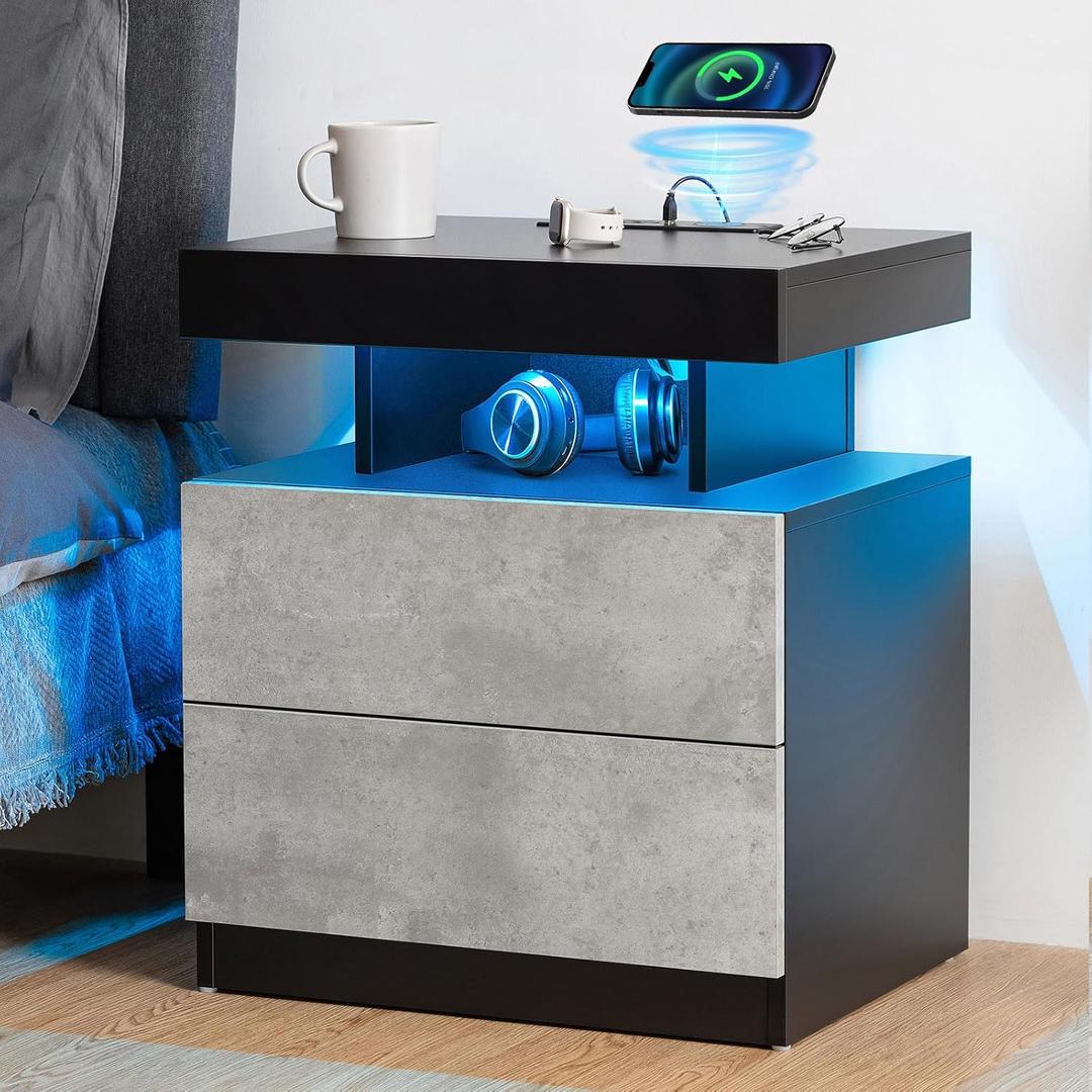 HOMMPA LED Nightstand with Wireless Charging Station & USB Ports, Modern Bedside Table, Concrete Grey Matte Night Stand with Open Shelf, Smart Nightstand High Gloss Surface for Bedroom (1 PC)