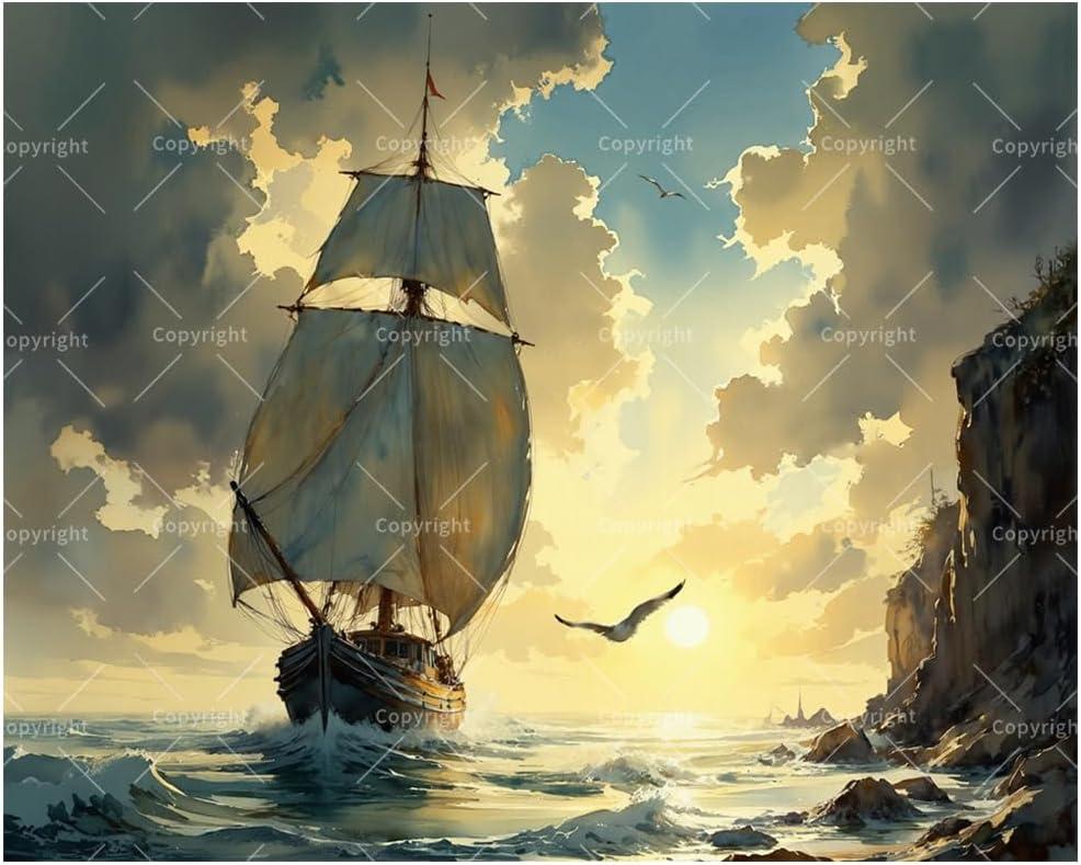 Sailing Paint by Numbers Kit for Adults - DIY Tall Ship at Sunset Painting on Canvas, Acrylic Paint Set, Suitable for Beginners, Nautical Art for Home Decoration or Gifts(16X20IN Framed)