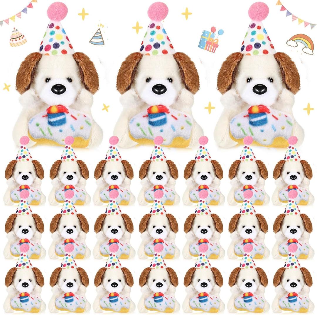 24 Pcs Birthday Small Stuffed Animal with Hat Mini Plush Toys for Student Classroom Reward Gifts Cute Soft Puppy Dog Toy Bulk Birthday Party Goodies Bag Fillers Party Decor