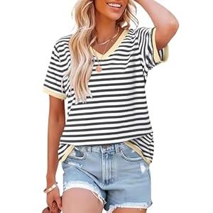 KISSMODA Womens Casual Tops Summer Short Sleeve T Shirt Striped Color Block Pullover Blouses, Size XL