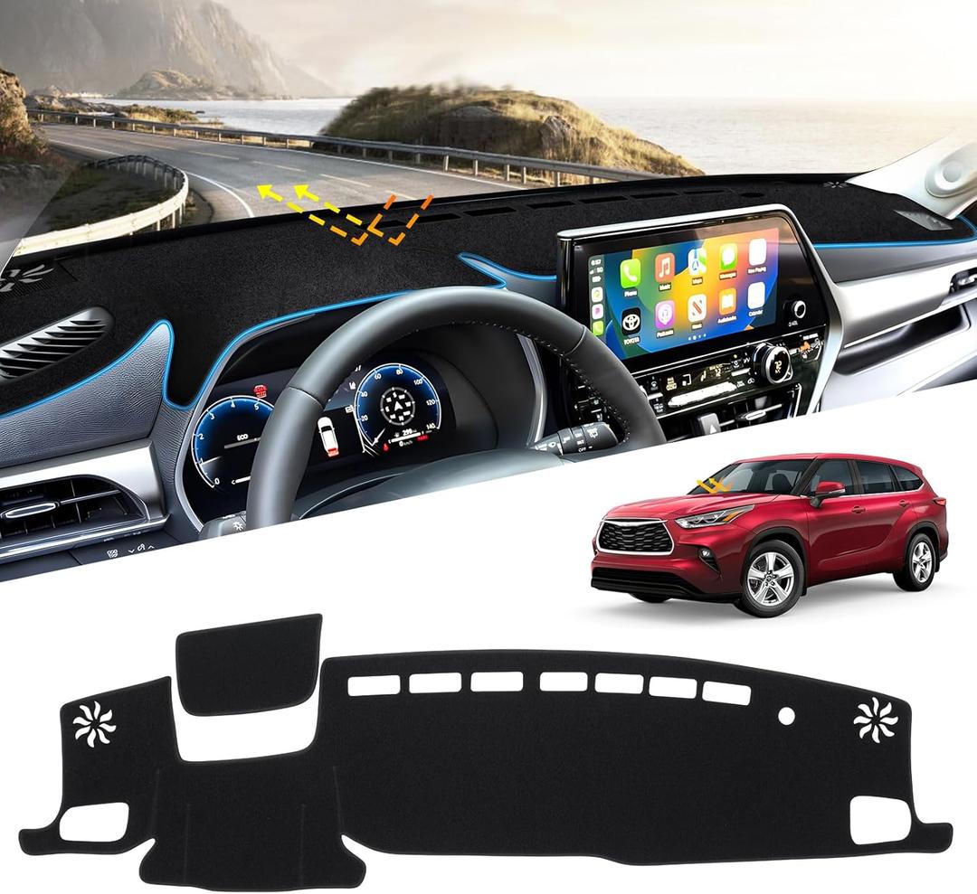 Dash Cover for Toyota Highlander 2020-2024 2025 Accessories Left Rudder Highlander Dashboard Cover Dash Mat Pad Protector Non-Slip Sunshade Windshield No Glare Backing Flannel Materials Black