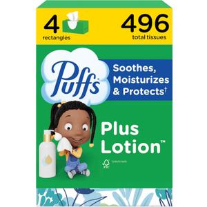 Puffs Facial Tissues Plus Lotion, 4 Family Boxes, 124 Facial Tissues per Box, Allergies and Colds 
