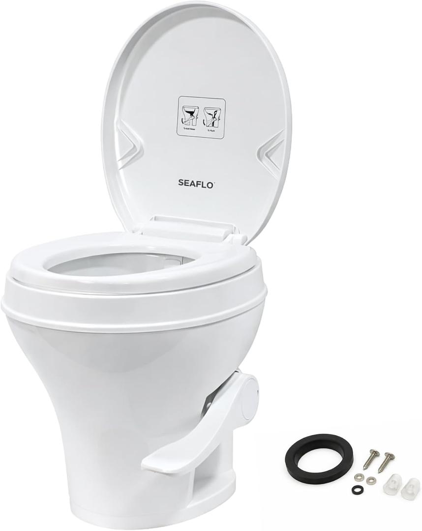 SEAFLO RV Toilet, Residential Height 18.4", Gravity Flush Foot Pedal, Soft Close Seat, Camper Toilet for RV Motorhome Travel Trailer, White, SFRTPH-01-01