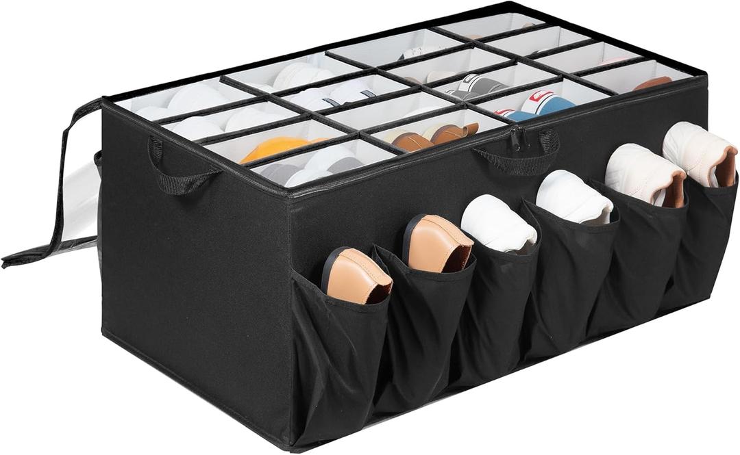 Shoe Organizer for Closet, Shoe Storage Solution with Clear Cover & Adjustable Dividers, Fabric Shoe Box Fits 16 +12 Pairs Shoes, Black, 1-Pack