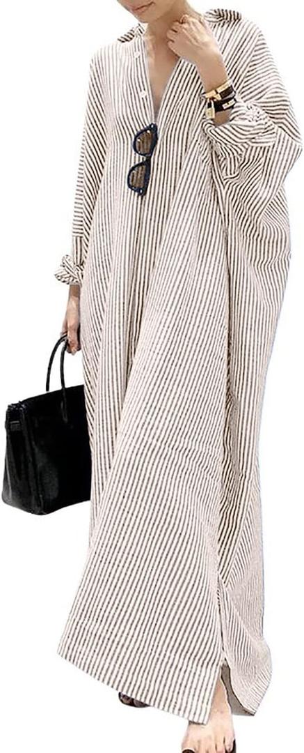 utcoco Womens Striped Long Sleeve Dress Casual Loose Button Down Cotton Maxi Shirt Dress
(Large, Khaki)