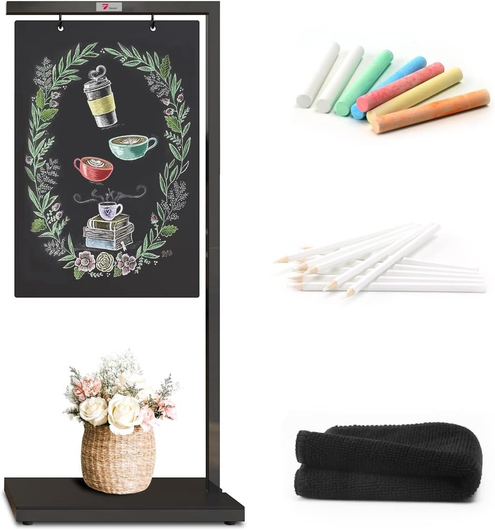 TOWON 19 x 43 Inch Giant Floor-Standing Chalkboard Signs, Hanging Metal Sidewalk Sign with Base, Pedestal Chalkboard Easel for caf, Bar, Bistro, Florist, Wedding Outdoor, Portable and Double-Sided